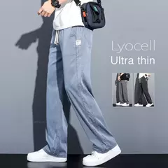 NOVEDAD DE VERANO 20224, pantalones vaqueros suaves de tela Lyocell para hombre, pantalones rectos finos sueltos con cordón en la cintura elástica, pantalones casuales de Corea