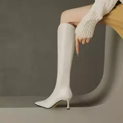 QUTAA-Botas hasta la rodilla de cuero genuino para mujer, zapatos de tacón alto fino, botas de motocicleta para fiesta, talla 34-39, 2024 - online store