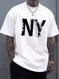 Image of Camiseta holgada informal de algodón puro 100% de verano para hombre de talla grande con estampado de letras NY, camiseta deportiva cómoda de manga corta con cuello redondo