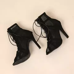 Sandalias sexis de tacón alto con malla hueca para mujer, Sandalias de tacón con punta abierta y cordones cruzados, zapatos de baile con correa en el tobillo, sandalias de red negras - buy online
