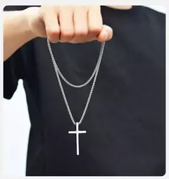 Imagen de Collar de cruz Vnox para hombres y mujeres, collar con colgante de cruz lisa de color plateado con cadena de caja de acero inoxidable