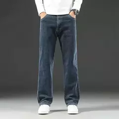 Pantalones vaqueros elásticos de cintura alta para hombre, Jeans clásicos de negocios informales para oficina, a la moda, color azul marino, otoño e invierno, nuevos on internet