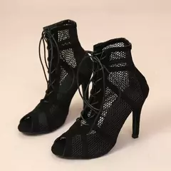 Sandalias sexis de tacón alto con malla hueca para mujer, Sandalias de tacón con punta abierta y cordones cruzados, zapatos de baile con correa en el tobillo, sandalias de red negras on internet