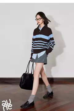 TOYOUTH-suéter de punto para mujer, suéter con capucha y cuello tipo Polo con cremallera a rayas, otoño e invierno, 2024 - Eleganzie