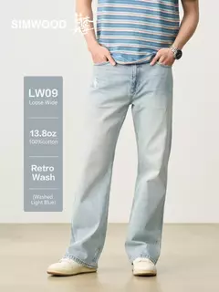 SIMWOOD alto estándar 2025 Primavera Verano nuevo suelto Relax 13,8 oz 100% pantalones vaqueros de algodón hombres moda rasgados pantalones vaqueros de talla grande
