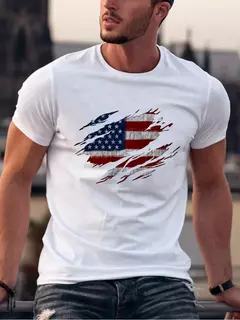 Camiseta de manga corta con cuello redondo y estampado de bandera americana para hombre, 100% algodón, talla grande, informal, de verano