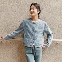 Semir chaqueta vaquera mujer estilo corto cuello redondo dulce y fresco 2025 nueva primavera chaqueta Jacquard con nudo chino nicho en internet