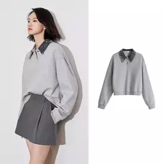 TOYOUTH-sudaderas con capucha para mujer, Jersey de manga larga con cuello vuelto y bordado de cuentas, Tops grises, otoño 2024 - comprar en línea