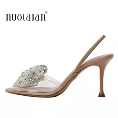 2025 mujeres verano arco Rhinestone Slingback bombas moda señora transparente tacones altos sandalias elegantes tacones puntiagudos - Eleganzie