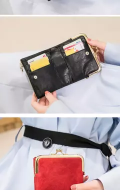 Imagen de MIYIN-cartera pequeña de cuero para mujer, monedero Vintage plegable, compacto, con cremallera y cierre de beso