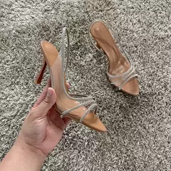 2023 mujeres verano Rhinestone Slingback bombas Oficina señora Sandalias de tacón transparente elegante punta puntiaguda mujer Sexy tacones altos on internet