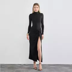 Vestidos de mujer nuevo otoño sólido Sexy Split elegante Maxi vestido ropa de calle moda manga larga cuello alto Casual vestido delgado Mujer - tienda en línea