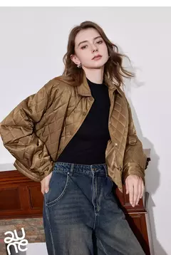 TOYOUTH Chaqueta de algodón para mujer 2024 Otoño e Invierno nuevo estilo de dinero viejo rejilla cuello POLO botón a presión Chaqueta corta abrigo marrón