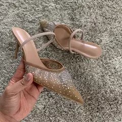 Nuevas sandalias de verano para mujer, calzado de tacón alto de malla brillante con diamantes de imitación, zapatos de tacón elegantes con talón descubierto y puntiagudos para fiesta para mujer - buy online