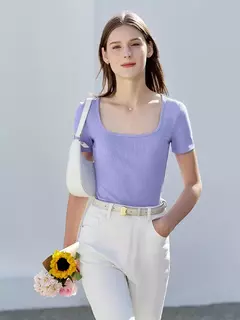 AMII-camisetas minimalistas para mujer, camisetas con cuello en U, cómodas, elásticas, ajustadas, versátiles, de manga corta, para verano 2024 12342288 - buy online