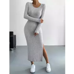 Mia Muse Vestidos de mujer Otoño Invierno tejidos a rayas con abertura en U cuello elástico básico ceñido al cuerpo largo Casual Maxi vestidos largos