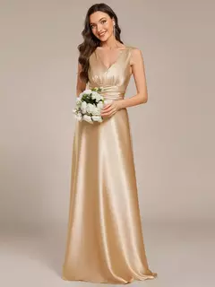 Vestidos de noche elegantes Escote en V profundo Cintura imperio Bolsillos de satén Hasta el suelo 2025 Ever Pretty of Olive Green Vestido de dama de honor - comprar en línea