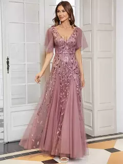 Vestido de noche elegante con escote en V profundo, mangas con volantes y mangas cortas, vestido de dama de honor con lentejuelas de gasa azul cielo 2025