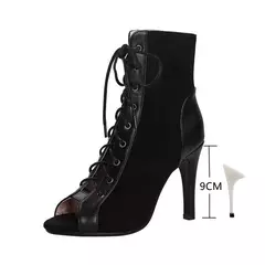 Sandalias con cordones, tacones de 9CM, zapatos de mujer, tendencia de verano 20224, botas sexis negras con punta abierta, tacones de aguja de tela a la moda, baile de Jazz para mujer - buy online