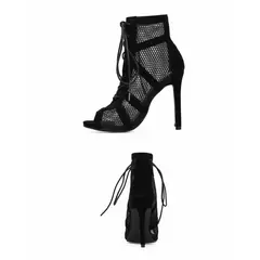 Nuevo desfile de moda, Sandalias sexis de tacón alto con tiras cruzadas de tela de red negra, zapatos de tacón para mujer, sandalias con cordones y Punta abierta, malla informal - buy online