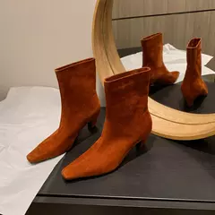 QUTAA-Botines de piel auténtica con tacón cónico para mujer, botas de tacón alto de Metal con punta cuadrada, talla 34-39, para otoño e invierno, 2025 - Eleganzie