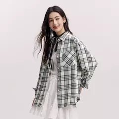 Semir camisa de manga larga para mujer estilo medio largo de gran tamaño primavera 2025 nueva primavera Top a cuadros Vintage en internet