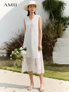 AMII-Vestidos minimalistas para mujer, ropa elegante y romántica de encaje, sin mangas, línea A, 2023