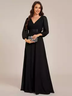 Vestidos de noche clásicos con cuello en V, mangas largas, cintura imperio, longitud hasta el suelo, vestido de dama de honor negro de gasa Ever Pretty 2025