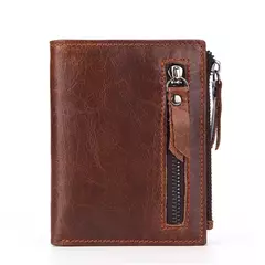 Cartera corta de cuero genuino a la moda para hombre con cremallera, cartera de diseño de lujo RFID para hombre, tarjetero de alta calidad