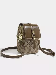 Bolso redondo pequeño con cruz diagonal a cuadros para mujer, bolso de hombro con tapa retro en contraste - tienda en línea