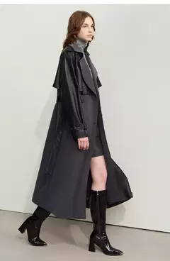 AMII gabardina minimalista para mujer 2024 Otoño Invierno nueva sarga empalmada de cuero PU prendas de vestir exteriores largas para ir al trabajo 12444001 - online store