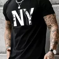 Image of Camiseta holgada informal de algodón puro 100% de verano para hombre de talla grande con estampado de letras NY, camiseta deportiva cómoda de manga corta con cuello redondo