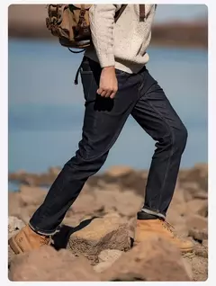 SIMWOOD 2025 Otoño Invierno nuevo ajuste Regular 15oz pantalones vaqueros indecolorables hombres cómodo proceso cepillado forro pantalones vaqueros pesados - Eleganzie