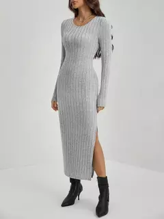 Mia Muse Vestidos de mujer Otoño Invierno tejidos a rayas con abertura en U cuello elástico básico ceñido al cuerpo largo Casual Maxi vestidos largos - Eleganzie