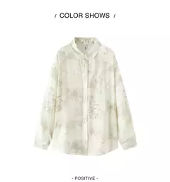 Semir camisa de manga larga para mujer de longitud media de gran tamaño ajuste relajado 2025 nueva camisa de verano con estampado completo de tinta para estilo moderno y artístico en internet