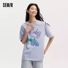 Imagen de Semir-Camiseta de manga corta para mujer, Top de longitud media con hombros caídos, holgado e informal, con estampado de frutas y letras, novedad de verano 2024