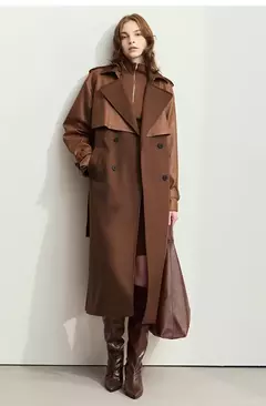 Image of AMII gabardina minimalista para mujer 2024 Otoño Invierno nueva sarga empalmada de cuero PU prendas de vestir exteriores largas para ir al trabajo 12444001