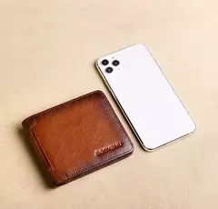 Cartera corta triple con protección RFID para hombre, monedero con Clip para billetes de cuero genuino de vaca Horizontal, regalos - Eleganzie