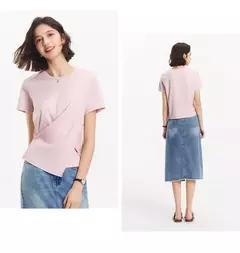Semir-Camiseta de manga corta para mujer, diseño recortado, dobladillo dividido, Top de algodón de verano, ajuste relajado para estilo informal y elegante, 2025 - Eleganzie
