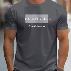 Image of Camiseta holgada de verano 100% algodón para hombre, camiseta de manga corta con estampado gráfico de Los Ángeles grande, ajustada, informal, deportiva, con cuello redondo