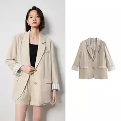 TOYOUTH-Blazer de lino para mujer, chaqueta de oficina con cuello vuelto, ropa de trabajo, novedad de verano, 2024 - comprar en línea