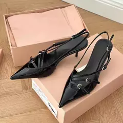 NOVEDAD DE VERANO 20224, tacones altos, sandalias de tacón ajustados con hebilla de una línea puntiaguda de seda negra hueca Sexy para mujer, zapatos de mujer - Eleganzie