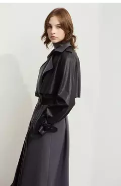 AMII gabardina minimalista para mujer 2024 Otoño Invierno nueva sarga empalmada de cuero PU prendas de vestir exteriores largas para ir al trabajo 12444001 - Eleganzie