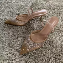 Nuevas sandalias de verano para mujer, calzado de tacón alto de malla brillante con diamantes de imitación, zapatos de tacón elegantes con talón descubierto y puntiagudos para fiesta para mujer - buy online