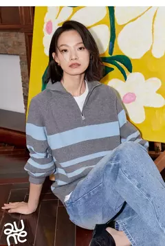 Imagen de TOYOUTH-suéter de punto para mujer, suéter con capucha y cuello tipo Polo con cremallera a rayas, otoño e invierno, 2024