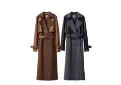 AMII gabardina minimalista para mujer 2024 Otoño Invierno nueva sarga empalmada de cuero PU prendas de vestir exteriores largas para ir al trabajo 12444001 - buy online