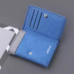 Imagen de Cartera de lona para hombre, tarjeteros de identificación/foto, tarjetero negro/azul/gris, funda tipo billetera con 8 ranuras, monedero masculino con cerrojo, Mini billetera triple para hombre