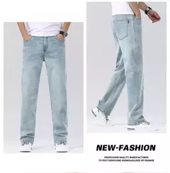 Pantalones vaqueros informales elásticos de algodón puro para hombre, pantalones de pierna ancha rectos holgados clásicos, pantalones vaqueros lavados de marca de alta calidad - Eleganzie