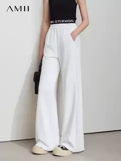 AMII-pantalones de pierna ancha minimalistas para mujer, pantalón largo negro, holgado, informal, versátil, con cintura elástica, primavera 2025 12521056
