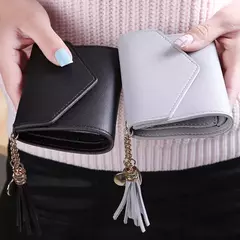 Carteras cortas de moda para mujer, billetera de cuero PU con borlas de lujo, billetera pequeña con cerrojo, monedero de tendencia, tarjetero para mujer - Eleganzie